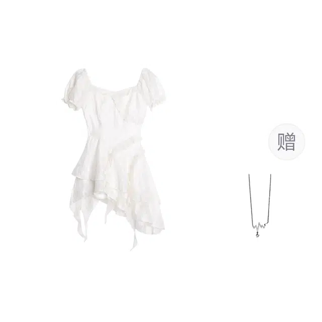 识恩 法式不规则荷叶温柔收腰纯欲裙子短袖连衣裙 女款