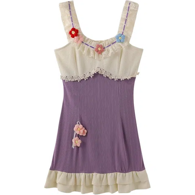 花栗鼠小姐 夏日多巴胺紫薯芋泥冰甜美显瘦修针织短款无袖连衣裙 女款