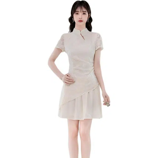 沐晓欣 新中式温柔减龄短款假两件显瘦刺绣短袖连衣裙 女款