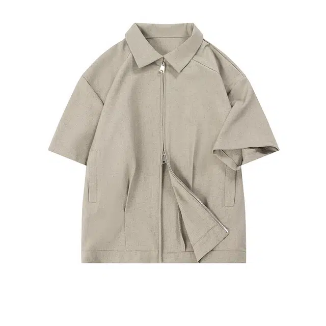 欧路得 日系简约拉链设计感宽松休闲短袖衬衫 男款
