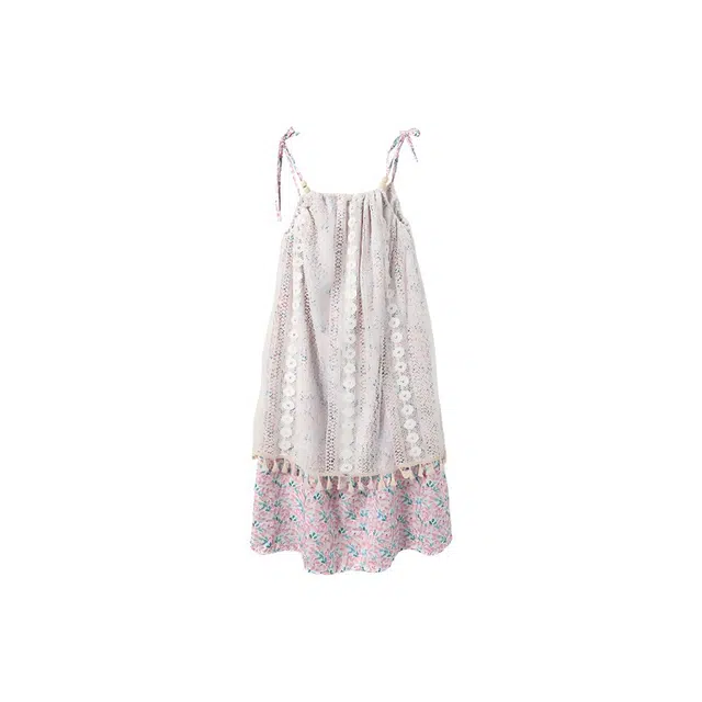 沐晓欣 夏日绝美针织碎花假两件宽松通勤时尚简约拼接流苏复古蕾丝雪纺气质显瘦吊带连衣裙 女款