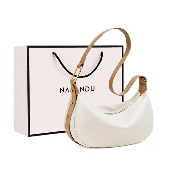 纳兰杜 时尚法式流行休闲百搭小众通勤 牛皮拼合成革 饺子包腋下斜挎包 中号 女款 多色