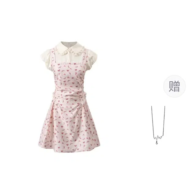 识恩 法式波点泡泡袖短款刺绣蝴蝶结拼色印花边小香风爱心少女娃娃领修身假两件短袖连衣裙 女款