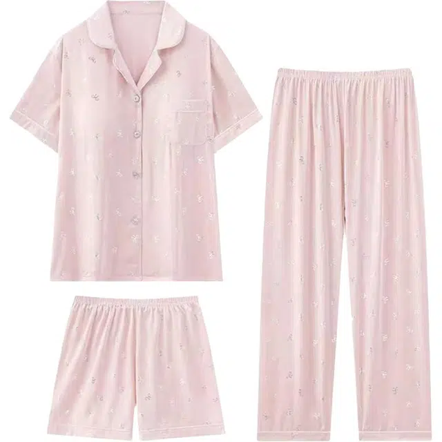 夏芬妍 甜美休闲高级感蝴蝶结冰丝翻领家居服舒适亲肤宽松短袖三件套可外穿睡衣套装 女款