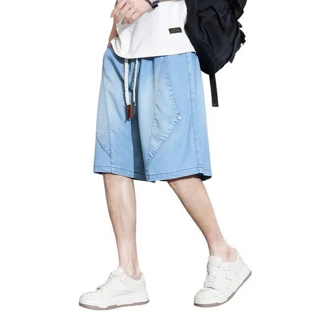 顶峰保罗 简约宽松百搭休闲五分显高显瘦弹力松紧腰中裤透气无性别主义简约牛仔短裤 男女同款