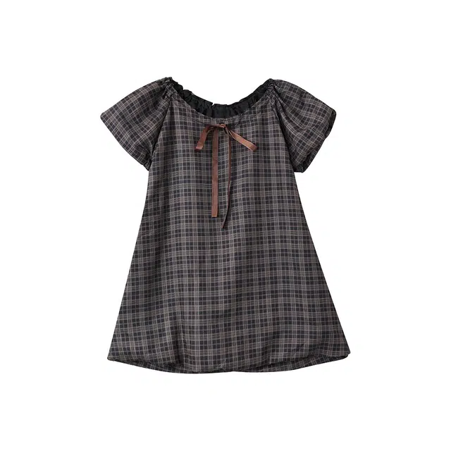 沐晓欣 日系复古木耳边格子小众甜美泡泡袖花苞宽松遮肚显瘦短袖连衣裙 女款