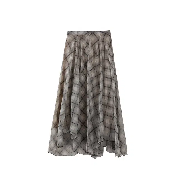 花栗鼠小姐 法式复古不规则复古格子裙摆高级垂感飘逸舒适格子半身休闲长裙 女款