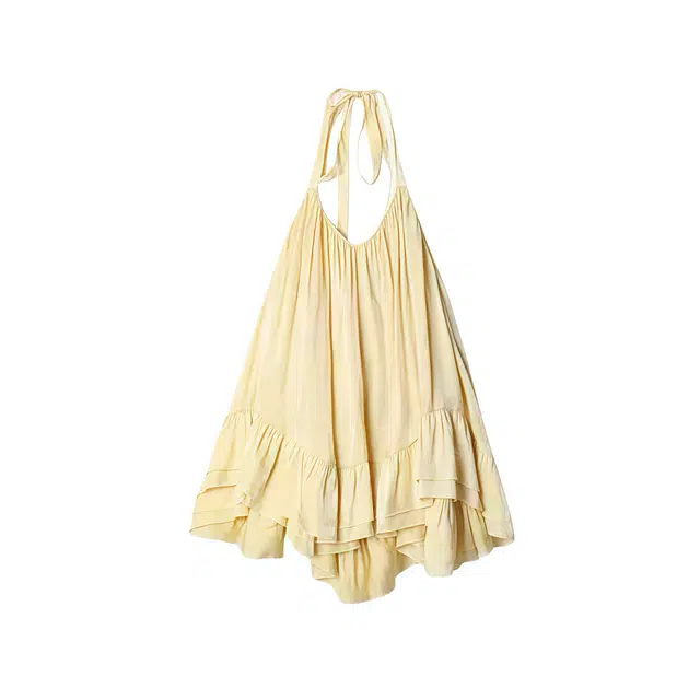 沐晓欣 乖乖女穿搭甜美少女极简主义挂脖绑带纯色俏皮度假风双层荷叶边蛋糕裙吊带连衣裙 女款