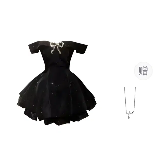 识恩 法式高级感一字肩蝴蝶结气质富家千金风生日宴会纯色修身高腰蓬蓬裙礼服短袖连衣裙 女款