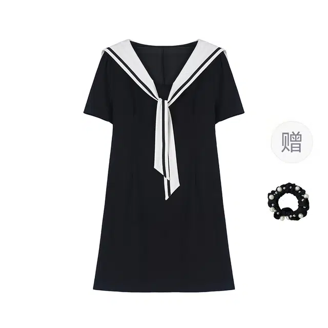 雾闪闪 大码微胖时尚学院风洋气海军领撞色显瘦短袖连衣裙 女款