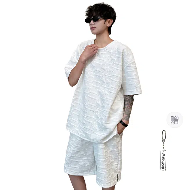 北欧攻略 纹理感纯色柔软舒适亲肤透气凉感懒人免搭一套短袖短裤休闲运动套装 男女同款