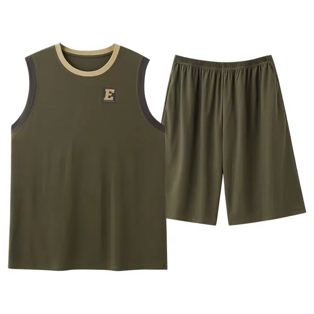 宜而爽 冰丝螺纹森系运动风休闲百搭吸湿透气舒适简约无袖背心短裤可外穿睡衣套装 男款