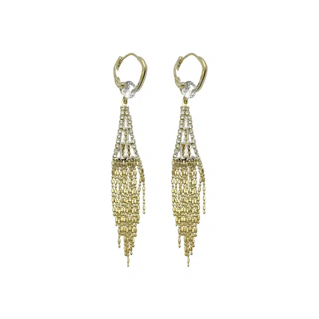 双生恋 金色耳扣镶钻长款线条流苏小众设计感百搭时尚精致日常通勤约会耳饰轻奢高级感 铜 耳环 女款