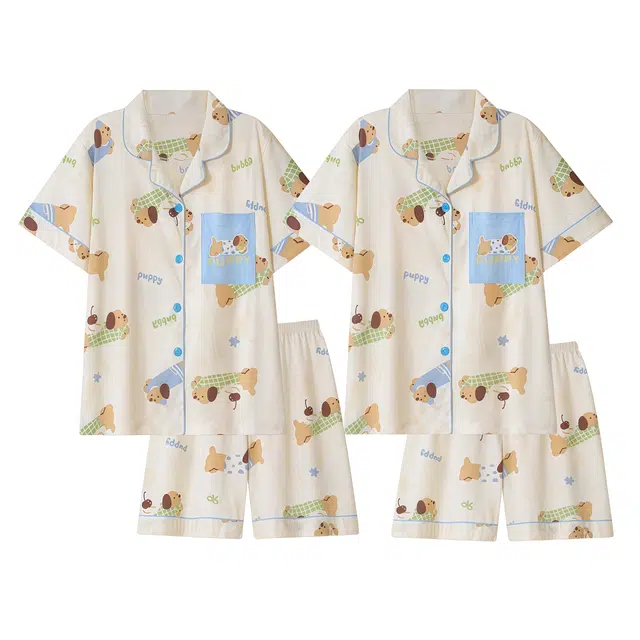 俏韵 翻领卡通腊肠狗短袖舒适家居服可外穿夏季睡衣套装 男女同款 图片色
