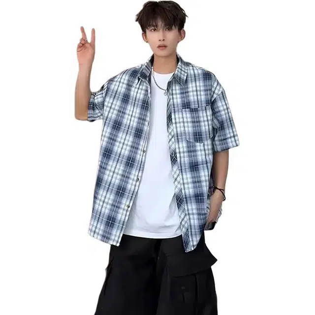 单爵 格子薄款少年感穿搭防晒衬衣外套夏季短袖衬衫 男女同款