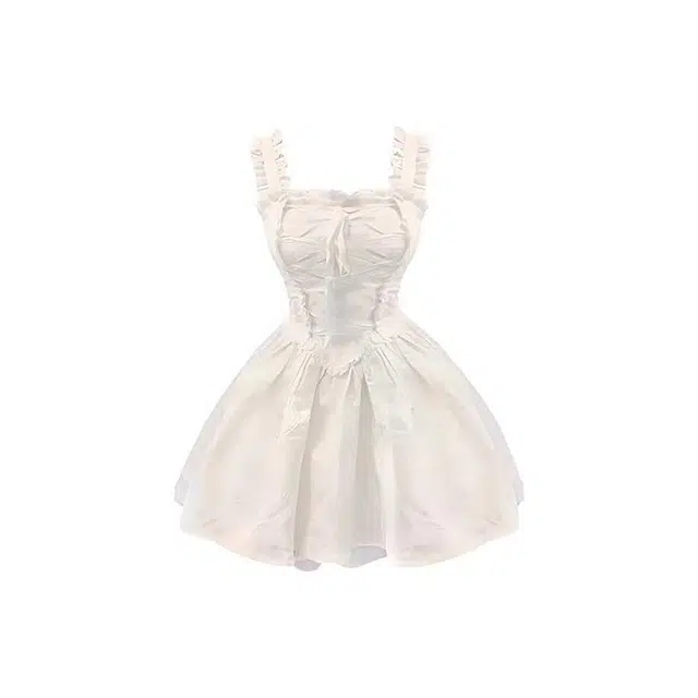 沐晓欣 甜美少女浮雕纯色蝴蝶结褶皱提花显瘦显高优雅纯欲度假短款绑带收腰合身设计气质简约蕾丝拼接高级感吊带连衣裙 女款