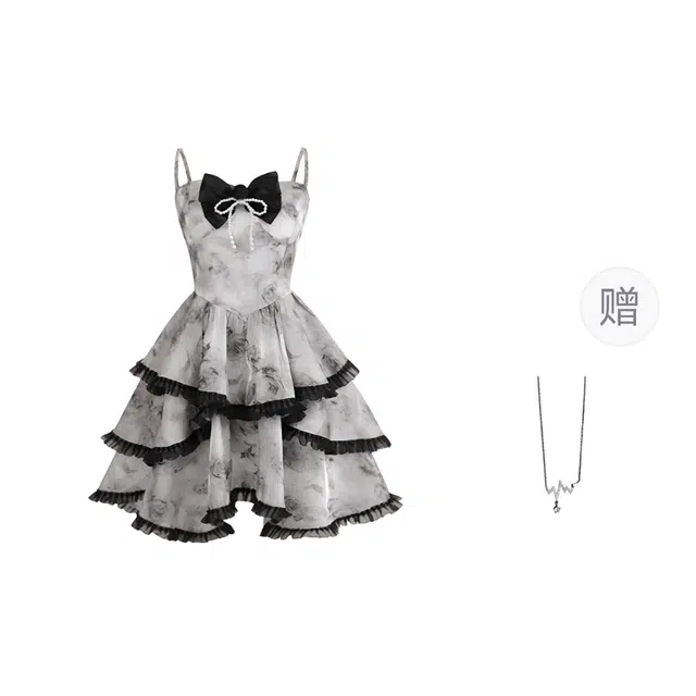 识恩 水墨芭蕾千金风重工复古高级感甜美小众舒适时尚荷叶边方领水墨印花蝴蝶结收腰生日战袍不规则吊带连衣裙 女款