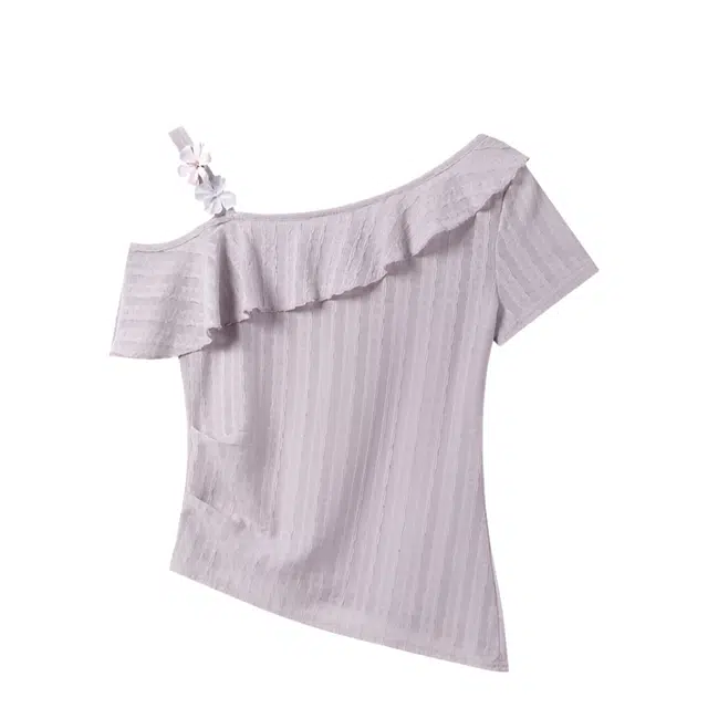 怪力萝莉 法式时尚气质荷叶边露肩花朵短袖洋气衬衫截短上衣 女款