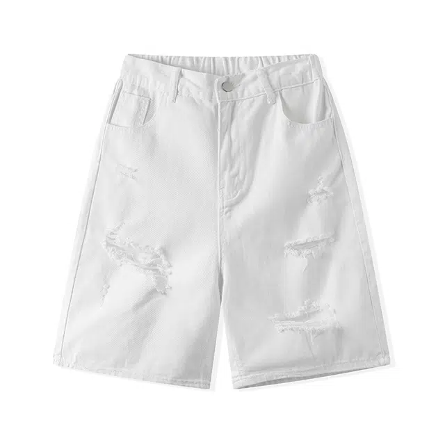 加荣 破洞牛仔短裤男夏季薄款透气宽松直筒裤青少年帅气潮流户外五分裤美式复古水洗做旧情侣装 男女同款