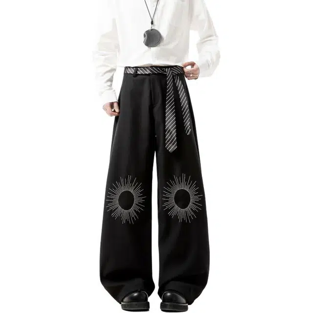 袋鼠 高级感太阳刺绣设计垂感阔腿日系美式韩版潮牌解构极简宽松创意设计感街头通勤百搭时尚清爽透气休闲裤 男女同款