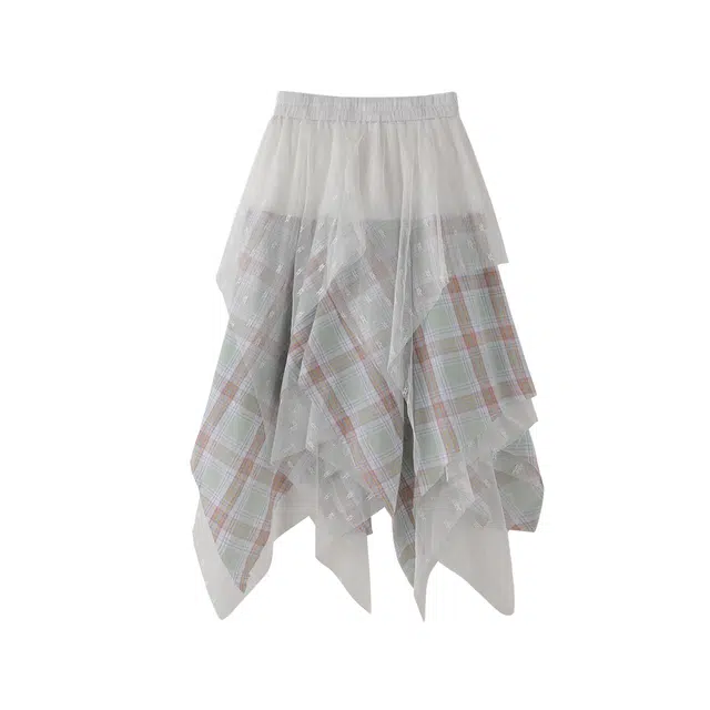 花栗鼠小姐 甜美网纱设计感不规则蕾丝拼接格子长裙 女款