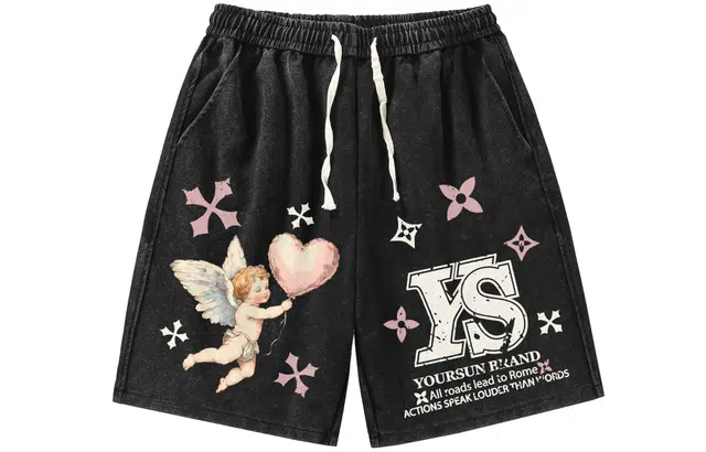 宜而爽 美式复古高街创意爱神天使图案撞色十字星字母印花宽松直筒系带中腰舒适运动五分水洗做旧百搭通勤休闲短裤 男女同款