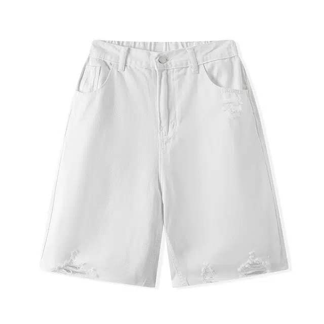 加荣 破洞牛仔短裤男夏季薄款透气休闲裤宽松直筒五分裤 男女同款 青少年潮流户外帅气运动裤水洗做旧设计感毛边裤子纯色简约学生男裤