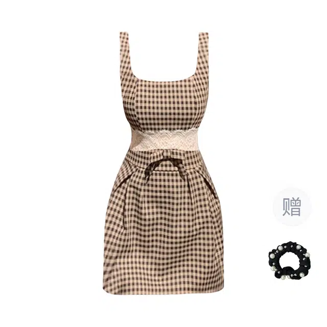 雾闪闪 韩系设计感蕾丝拼接蝴蝶结格子裙收腰显瘦纯欲气质吊带连衣裙 女款