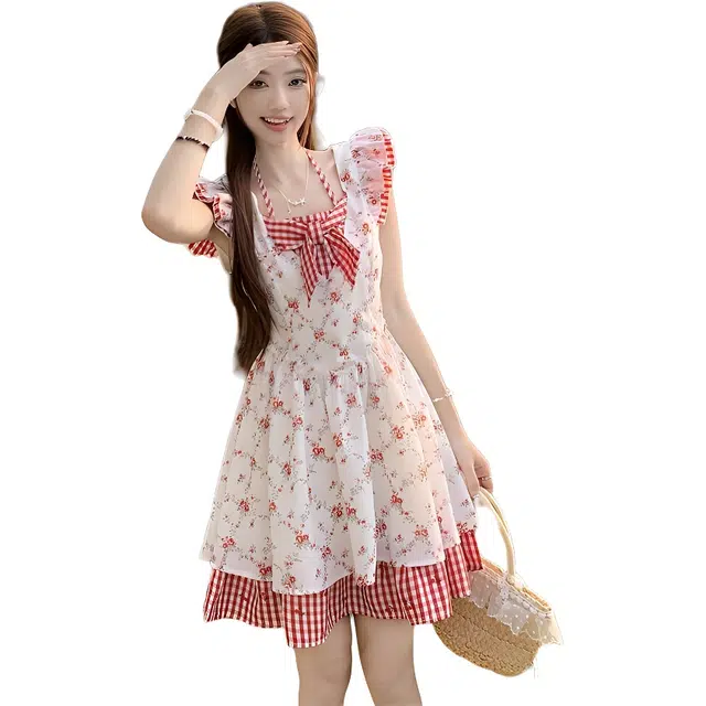 黛尔佳人 夏日度假风红色小碎花假两件收腰撞色显瘦短款无袖连衣裙 女款