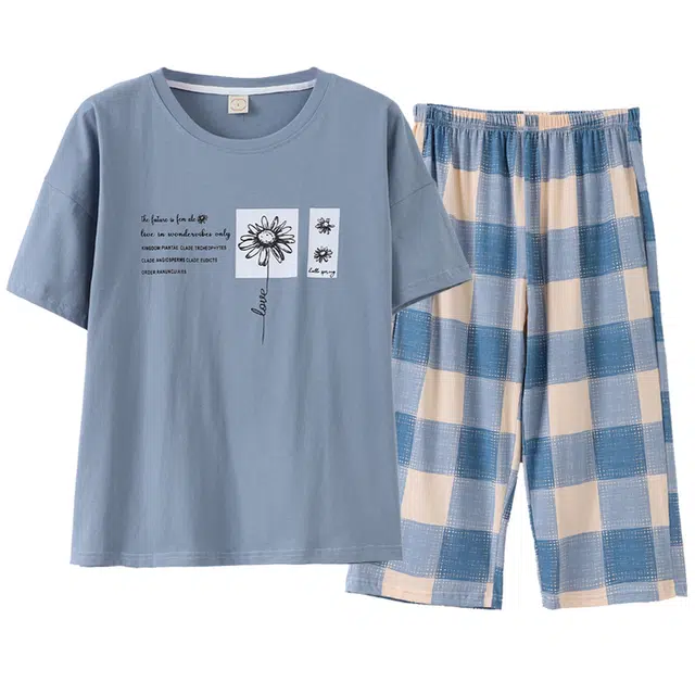 顶瓜瓜 纯棉简约舒适带胸垫圆领短袖睡衣套装 女款