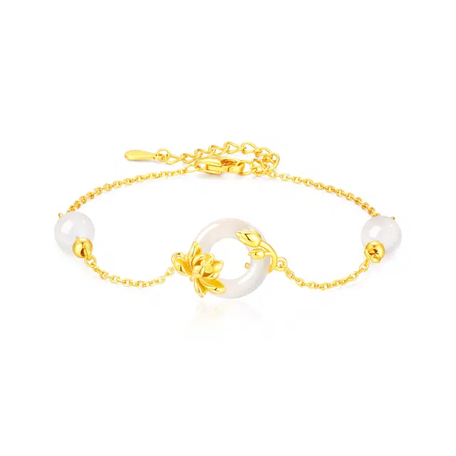 【好运莲莲】中国黄金 珍·尚银 莲花平安扣 两世欢 新中式国风轻奢小众优雅气质 平安喜乐 妈妈生日礼盒#好运 玉髓 玉石手链 女款