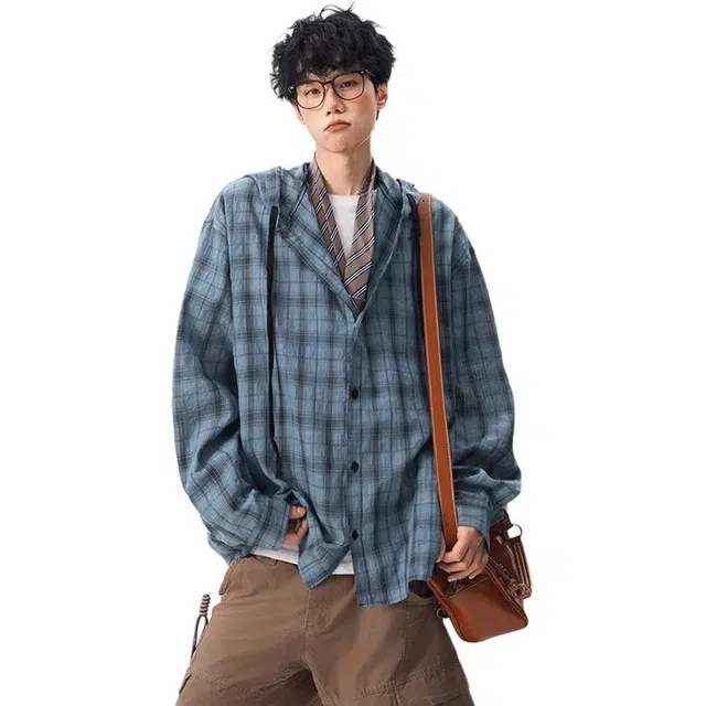 单爵 美式格纹连帽慵懒风长袖外套防晒服 男女同款