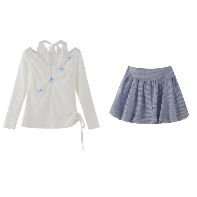 花栗鼠小姐 浅烙冰蓝春夏甜美显瘦挂脖假两件上衣半裙裙装套装 女款