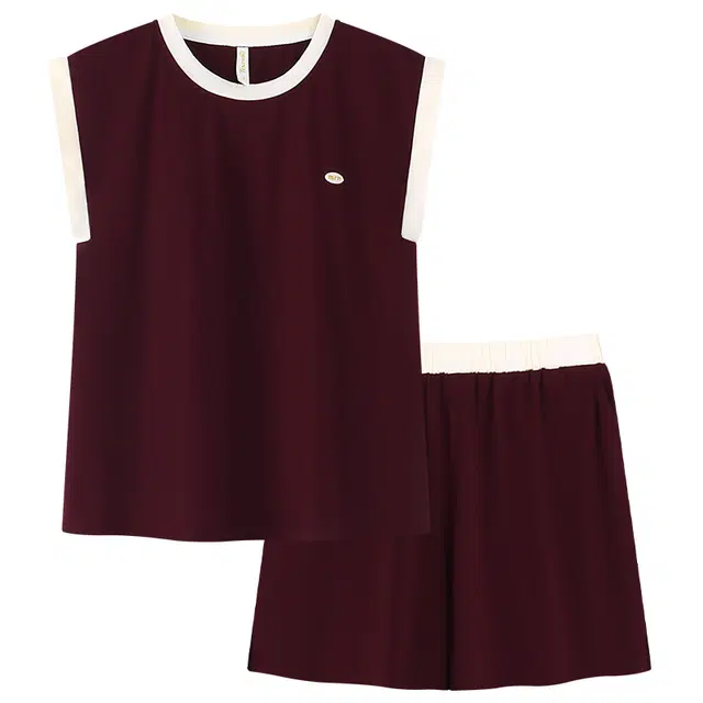 好福份 薄款纯色简约风休闲舒适无袖三分裤家居服夏季睡衣套装 女款