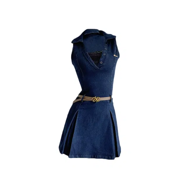 敲模女孩 法式纯欲风辣妹牛仔衬衫设计感收腰气质蕾丝拼接修身无袖连衣裙 女款