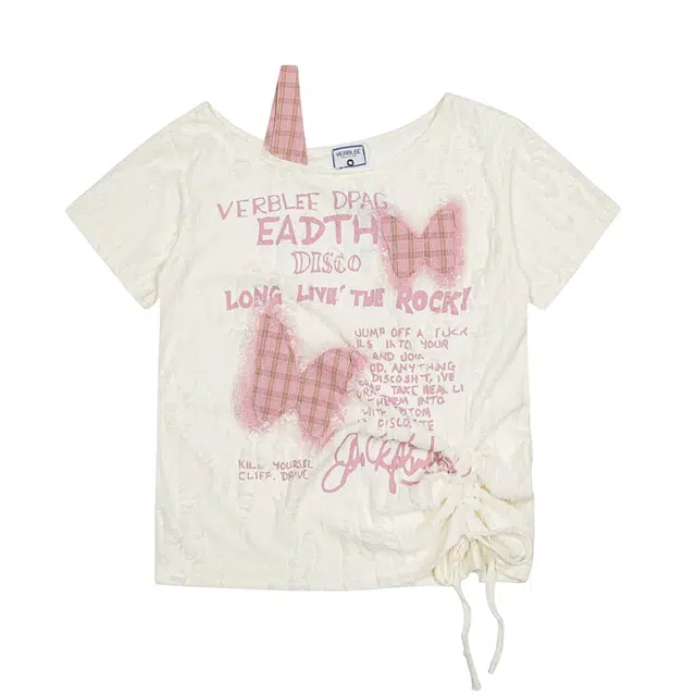 怪力萝莉 甜美风格子蝴蝶贴布宽松抽褶破洞短袖截短上衣 女款