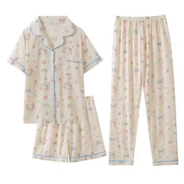 向薇 三件套短袖长裤薄款可爱甜美可外穿家居服睡衣套装 女款