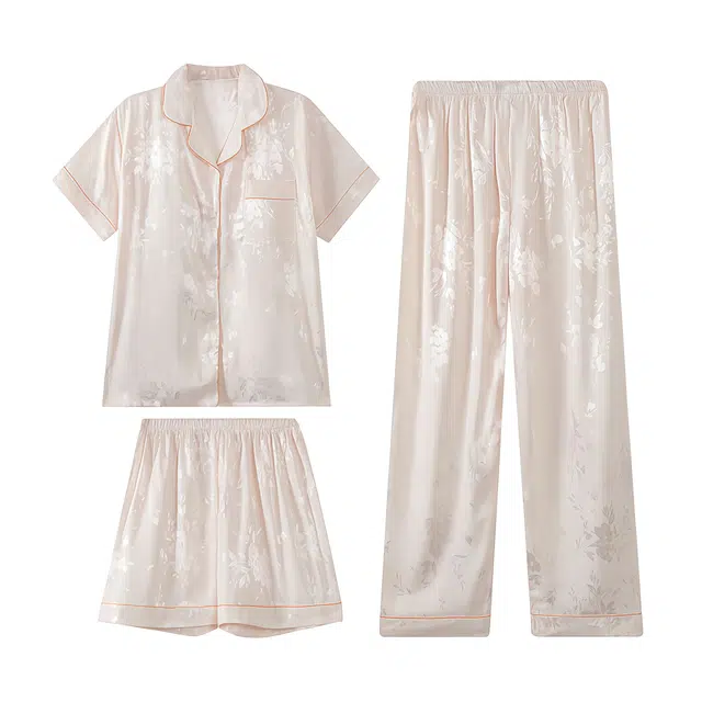 俏韵 带胸垫短袖国风冰丝三件套家居服夏季睡衣套装 女款