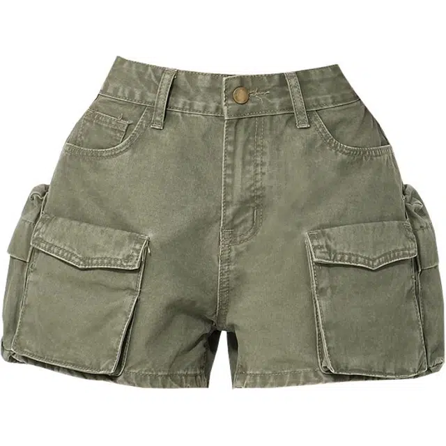 拾籍 美式复古高腰时尚多口袋牛仔夏季百搭舒适宽松显瘦热裤工装短裤 女款