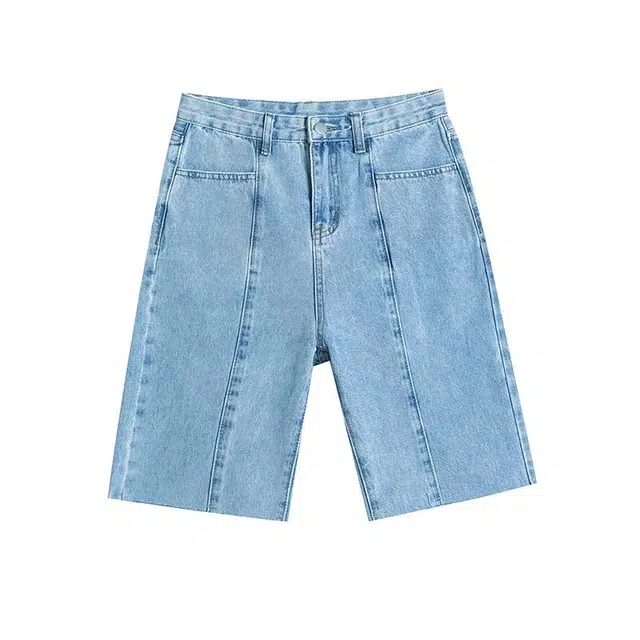 法文箱子 宽松直筒显瘦常规高腰五分裤牛仔短裤 男女同款