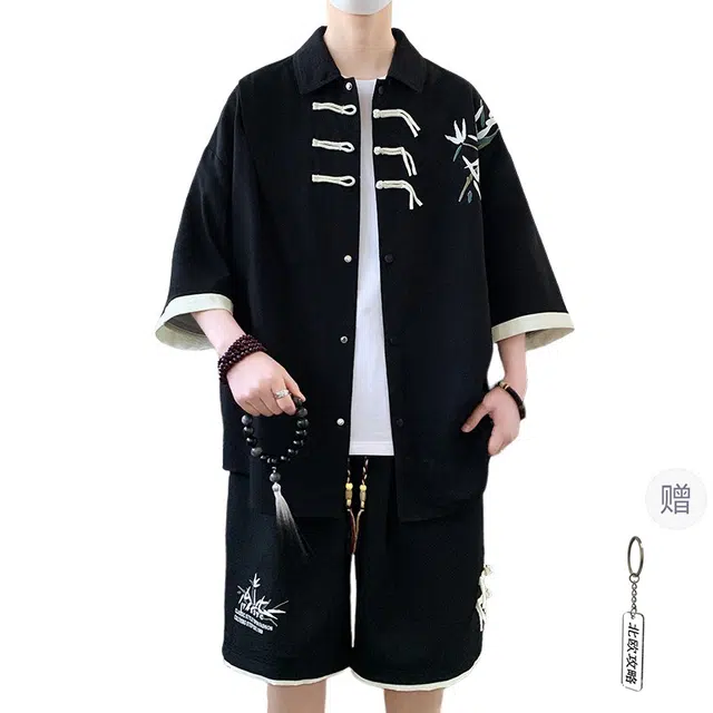 北欧攻略 中国风盘扣设计拼接高级感新中式半袖衬衣外套懒人免搭一套垂感顺滑飘逸透气痞帅衬衫套装 男女同款