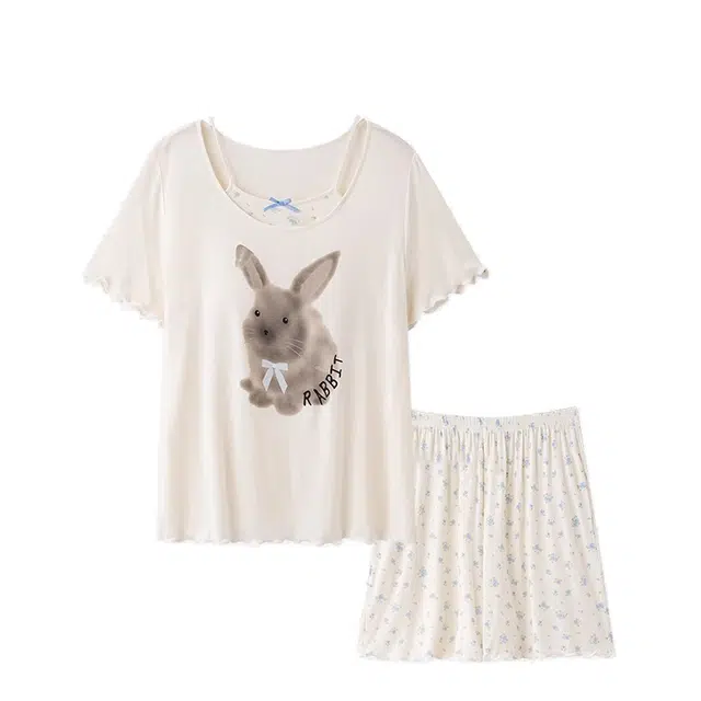 俏韵 圆领短袖可爱柔软带胸垫防凸家居服可外穿睡衣套装 女款