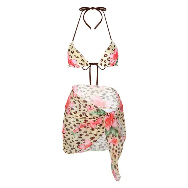 潞优野 三件套性感辣妹花豹纹分体泳装海岛度假比基尼 女款