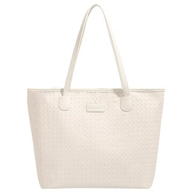 恒源祥 编织纹百搭时尚潮流纯色 合成革 托特包手提单肩包 女款 米白色