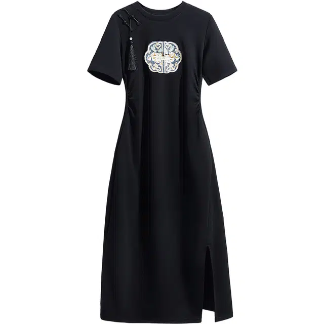 她池 修身中长裙新中式盘扣短袖连衣裙 女款