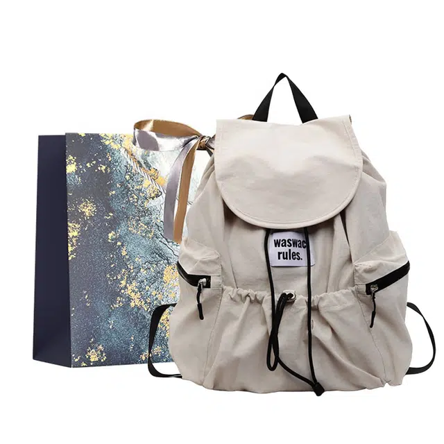 伊曼家 时尚抽绳旅行大容量韩版纯色慵懒风 布 双肩包 常规 女款 米白色/黄色/卡其色/绿色/粉色