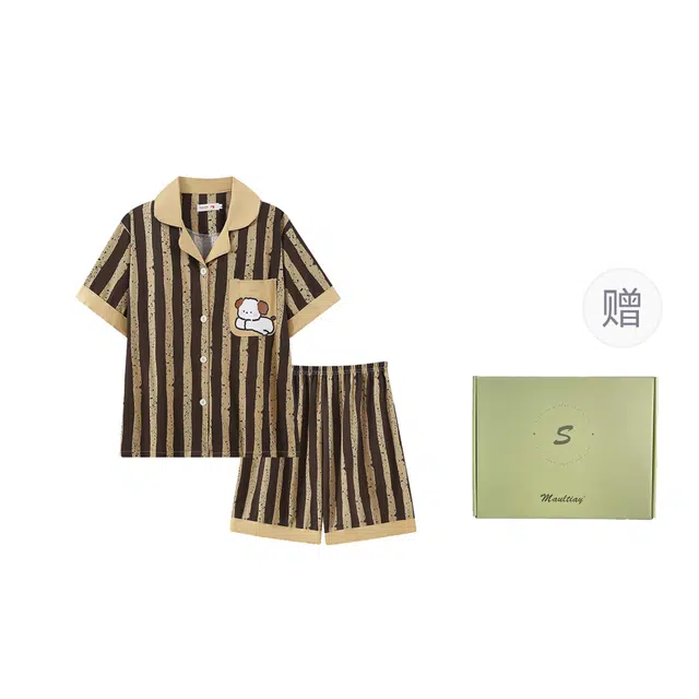 乐姿韵 开衫翻领薄款条纹短袖短裤家居服睡衣礼盒 男款