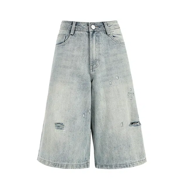 拾籍 阔腿宽松适中高腰七分牛仔短裤 女款