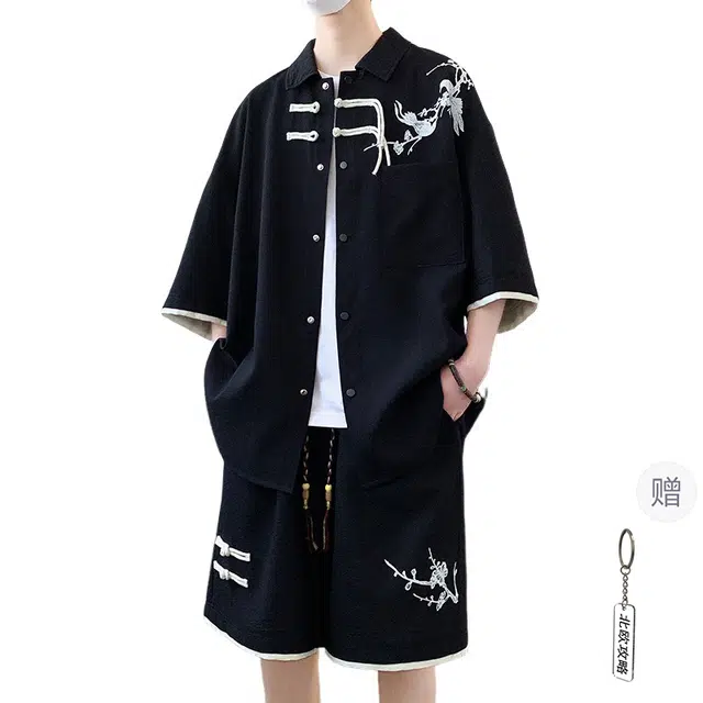 北欧攻略 中国风盘扣印花设计拼接撞色高级感新中式衬衣外套短袖懒人免搭垂感顺滑飘逸透气痞帅短裤衬衫套装 男女同款