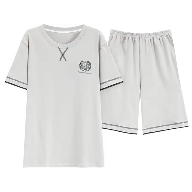 顶瓜瓜 圆领简约舒适可外穿家居服短袖五分裤睡衣套装 男款